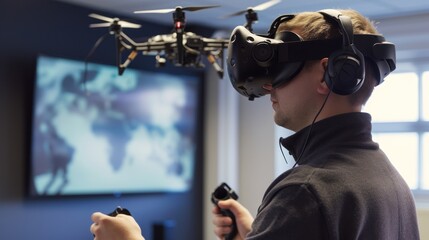 FPV quadcopter drone  operator  in vr glasses