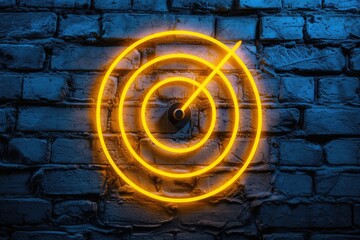 Yellow neon light target, business concept, brick wall background.