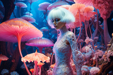 Woman in glowing giant mushroom forest, white hair, avant garde fashion, cyberpunk sci fi, experimental, Otherworldly Visions
