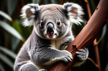 a small koala among the branches of eucalyptus. the diversity of the animal world. cute animals