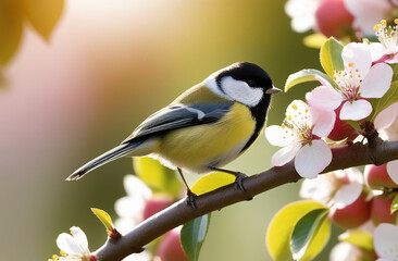 A small yellow-breasted tit bird sits on a branch of a flowering apple tree. The urban bird is a tit in its habitat. ornithological diversity