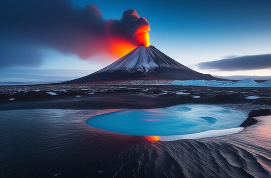 a volcanic eruption in a desert area near the water. seismological activity
