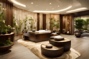 a spa reception with zen elements, soothing colors, and a sense of tranquility.