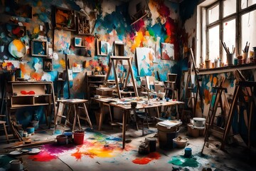 an artistic studio with colorful paints, artistic chaos, and an atmosphere of creativity.