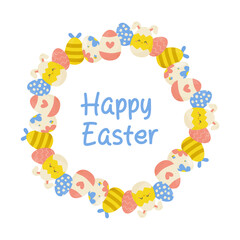 happy easter, frame with flowers and eggs on white background, copy space. Vector illustration for postcard design, banner, congratulations