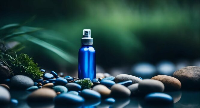 anodised blue deodorant srpay and pebbles