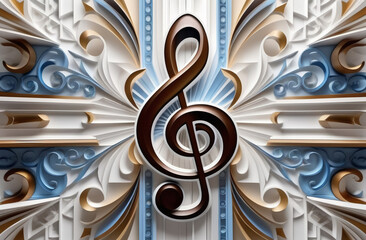 abstract musical background in beige and blue with a treble clef. - obrazy, fototapety, plakaty