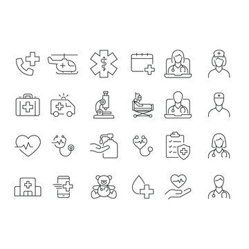 Hospital and medical care icon set. Simple outline style. Health, hospital, medical, doctor, patient, nurse, healthcare concept. Thin line symbol. Vector illustration isolated.