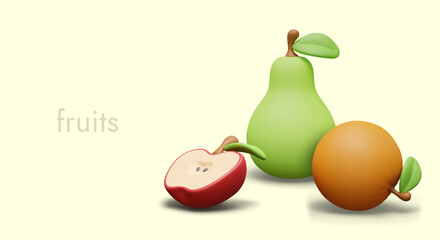 Vector concept with realistic fruits. Apple, pear, orange. Advertising for online grocery store