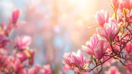 Fototapeten flowering magnolia blossom on sunny spring background, close-up of beautiful springtime flora, floral easter background concept with copy space © Ziyan
