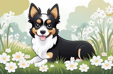 Cartoon illustration with a stray dog. A stray dog sits on the lawn among the flowers and looks at the camera.	