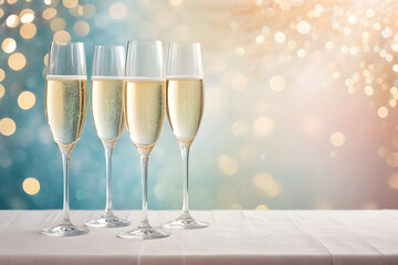 Champagne glasses, translucent crystal reflecting a gentle bokeh effect from a minimalist background with soft pastel hues. Generative AI