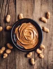 Obraz premium Make peanut butter with paste in glass bowl on wooden background top view copy space 
