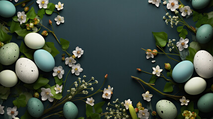 Modern decoration of Easter eggs and flowers on a table with a centre recess for contents, Generative AI - 738015895