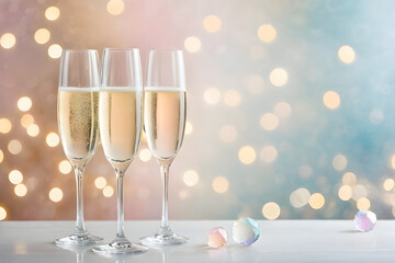 Champagne glasses, translucent crystal reflecting a gentle bokeh effect from a minimalist background with soft pastel hues. Generative AI
