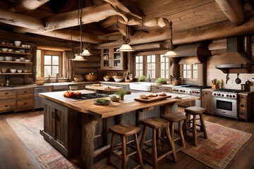a cabin kitchen with a roaring hearth, wooden beams, and a rustic, cozy feel. - obrazy, fototapety, plakaty