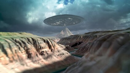 Alien ufo saucer flying close to river channel toward mothership

Sci fi alien ufo concept, 4K,2024
