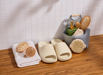 Organic spa cosmetic and flip flops. Skincare procedures.