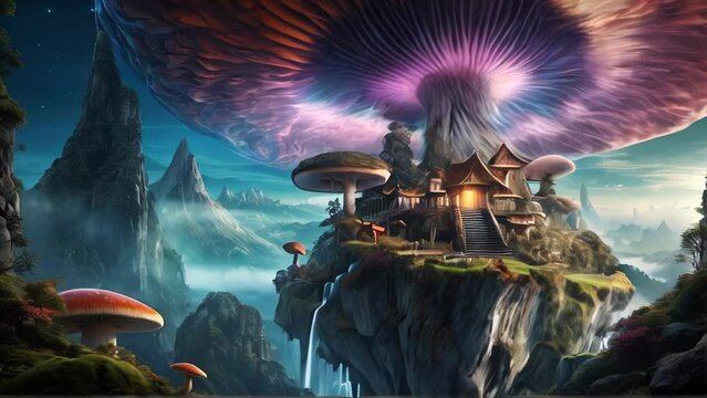 Mushroom fantasy landscape floating shroom village
