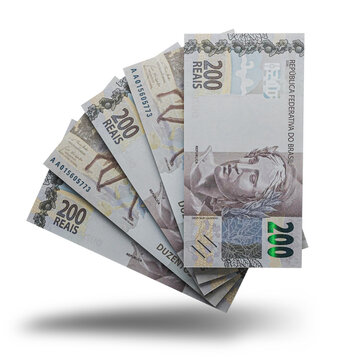 3D rendering of Stacks of Brazilian Money 200 Reais Banknotes