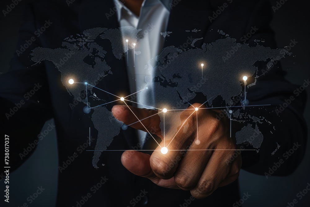 Poster Businessman touching world map virtual button and connect communication