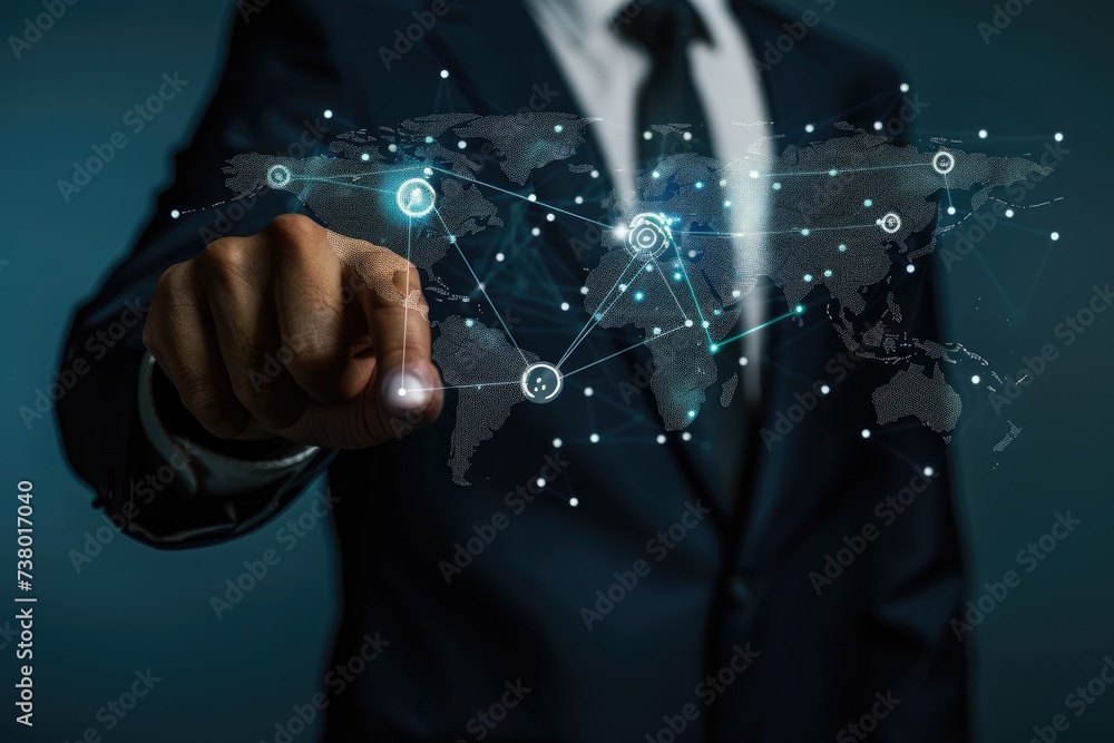 Poster Businessman touching world map virtual button and connect communication