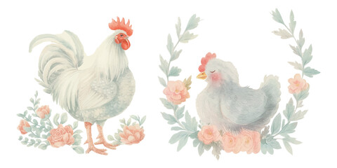 cute chicken and rooster soft watercolour vector illustration - obrazy, fototapety, plakaty