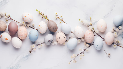 Minimalistyczne jasne tło na życzenia Wielkanocne. Alleluja - Wesołych świąt Wielkiej Nocy. Jajka, kwiaty i inne wiosenne dekoracje.