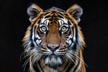 Front view of Sumatran tiger isolated on black background. Portrait of Sumatran tiger (Panthera tigris sumatrae)