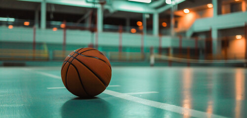 A basketball lies on the floor of the sports arena