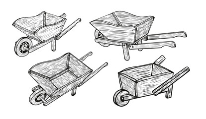 Wooden Wheelbarrow Vintage Hand Drawn Vector Illustration Set. Vintage vector illustration. - obrazy, fototapety, plakaty