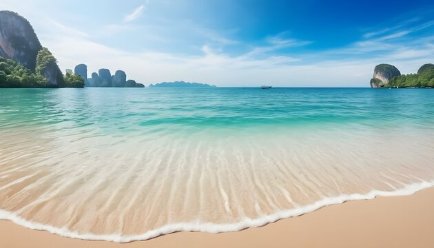 Tropical summer beach and transparent blue sea water background. Thailand sea
