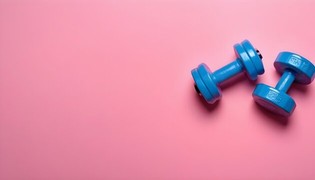 two blue dumbbells on a pink background, photo banner, top view, space for text