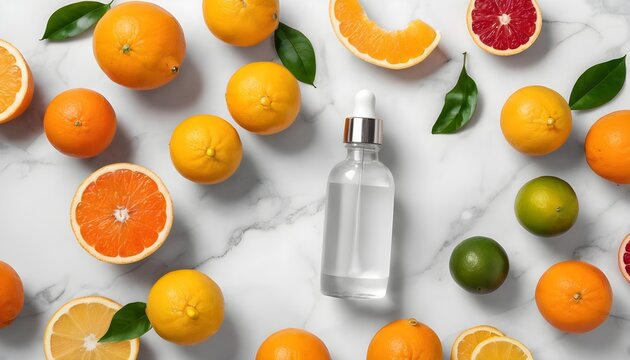 Vitamin C soursers at white background. Fresh citrus fruits with serum bottle on marble background