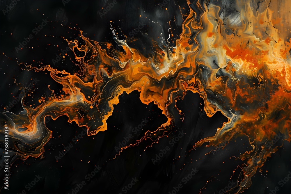 Poster abstract fiery textures set against a deep black backdrop evoking elemental intensity. concept abstr