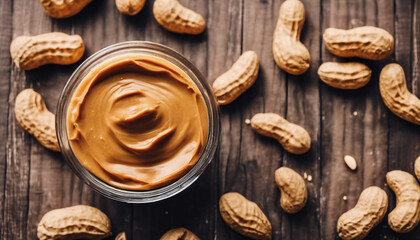Fototapeta na wymiar Make peanut butter with paste in glass bowl on wooden background top view copy space 