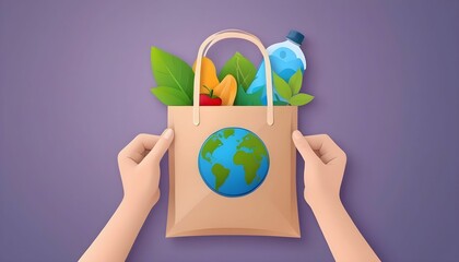 Recycle banner design, hand holding eco bag, save the planet and energy concept, in paper cut style vector design illustration with space for copy created with generative ai