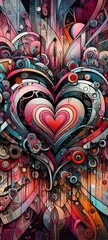 A vibrant and whimsical piece of art, blending elements of drawing, painting, cartooning, and graphic design with a touch of graffiti and anime to create a heart-shaped masterpiece bursting with color