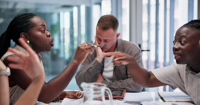 Headache, man or angry business people in meeting for conversation, discussion or paperwork mistake. Fighting, argument or employee with stress, burnout or depression in crisis talking with bad news