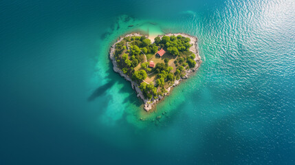 Tropical island in the shape of a heart with houses in the lush green surroundings.