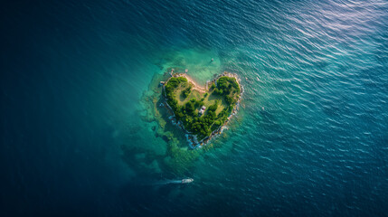 Tropical island in the shape of a heart with houses in the lush green surroundings. Boat near the island with jettys.