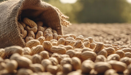 Peanuts in jute sack bag, background is peanut farm, roasted peanuts are poured and overturned. - obrazy, fototapety, plakaty