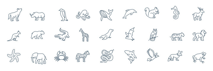 Wild Animals Icons Pack. Thin line creature icons set. Animals collection set. Outline vector illustration.
