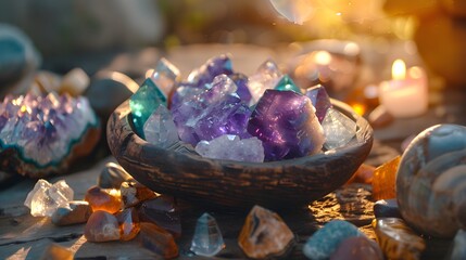 Obraz na płótnie Canvas Healing reiki chakra chrystals therapy. Gemstones therapy for wellbeing, meditation, destress, relaxation, metaphysical, spiritual practices 