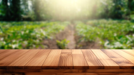 Rustic wooden table with blurry farm field background - obrazy, fototapety, plakaty
