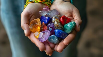 Healing reiki chakra chrystals therapy. Gemstones therapy for wellbeing, meditation, destress, relaxation, metaphysical, spiritual practices
 - obrazy, fototapety, plakaty