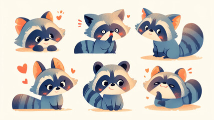 Naklejka premium A set of four cartoon raccoons with different expressions