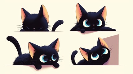 A black cat with four different expressions on it's face - obrazy, fototapety, plakaty