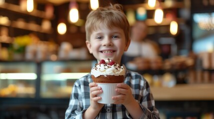 A young boy holding a cupcake in front of him