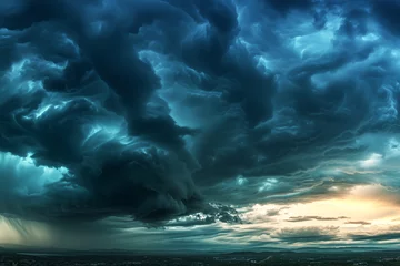 Deurstickers Majestic storm clouds rolling over a cityscape at dusk, perfect for weather apps and environmental awareness campaigns. © Blue_Utilities